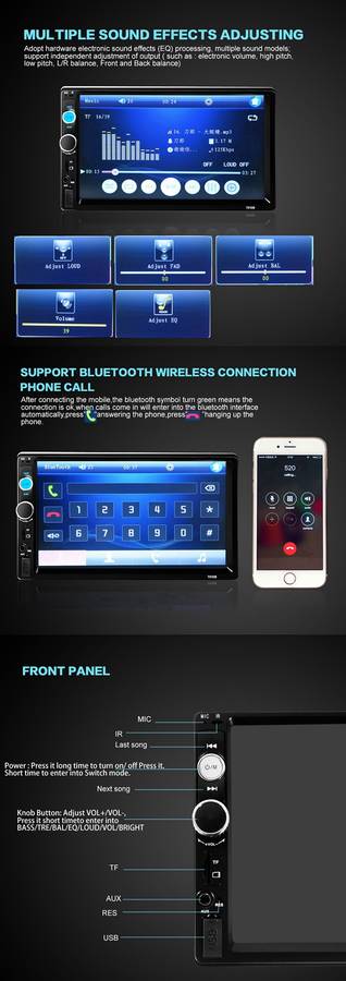 7 Inch Car Stereo Radio MP5 MP3 Player FM USB AUX Full HD Bluetooth Touch Screen Rear View Camera