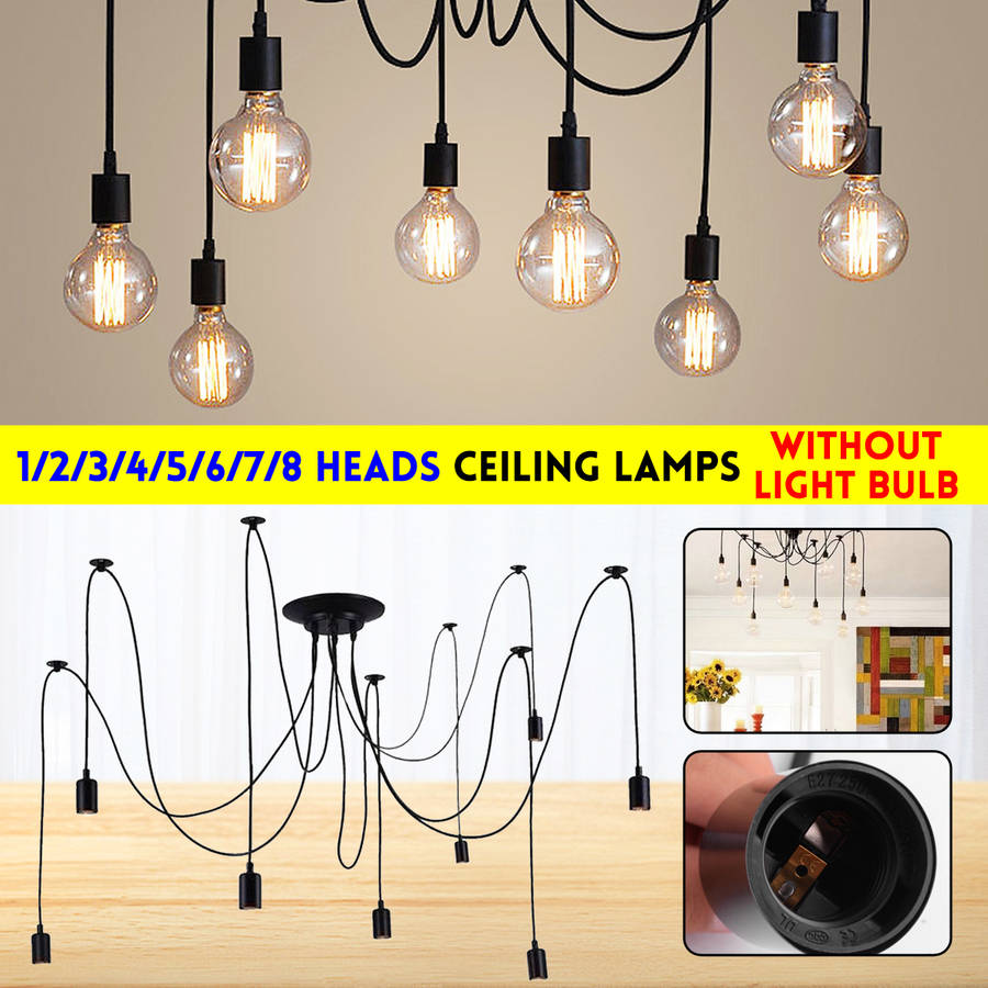 E27 1/2/3/4/5/6/7/8 Heads 1.2M Ethereal Glow Shade Ceiling Chandelier Light Black Wire Pendant Hanging Lampholder 110V-220V