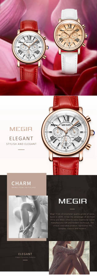 MEGIR 2058 Women Watch Luxury Roman Number Leather Strap Ladies Quartz Watch