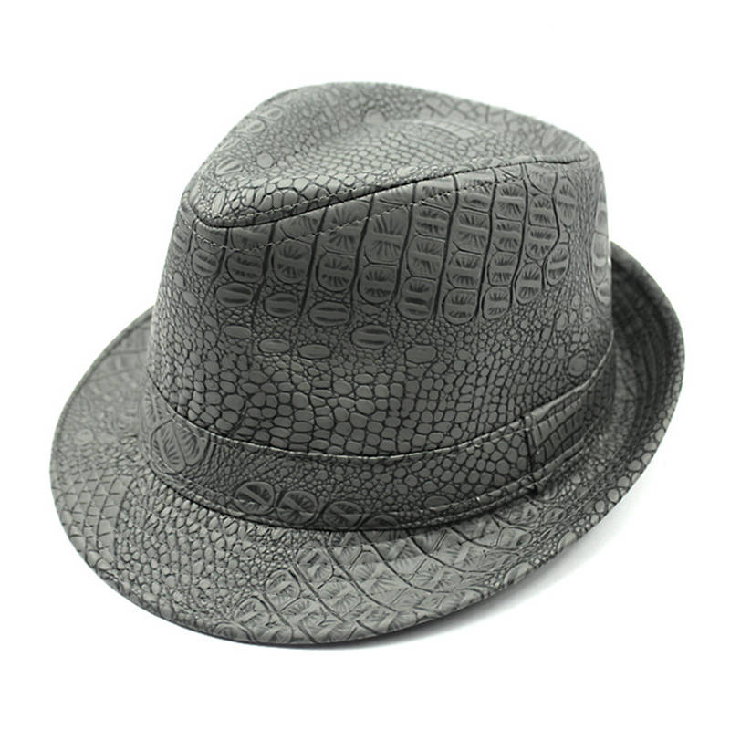 Mens PU Leather Crocodile Pattern Jazz Hat Outdoor Middle-aged Wide Brimmed Fedora Hat (Color Black)