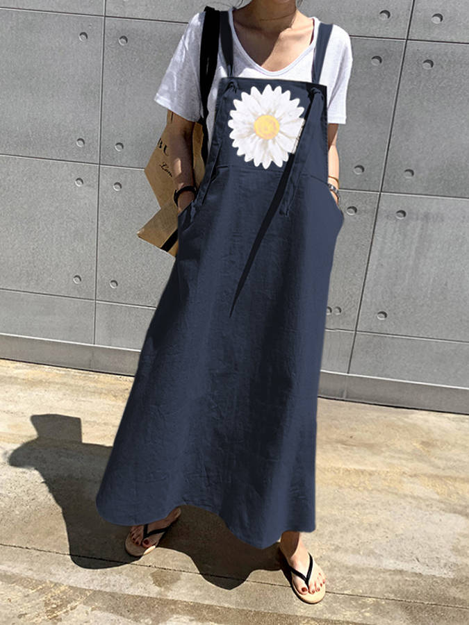 Small Daisies Print Adjustable Strap Casual Loose A-line Maxi Dress with Pocket (Size S Color Khaki)