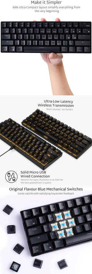royal kludge rk61 mechanical keyboard bluetooth wired dual mode 60% golden / ice blue backlit gaming keyboard