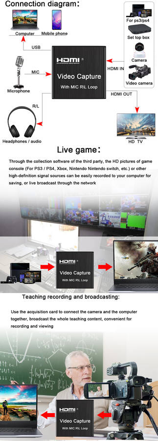 Bakeey HDMI Video Capture Card HD 4K 1080P 30fps Loop Out USB 2.0 Audio Video Recorder With Mic For Game Live Streaming Video Conference For Xbox PS5 For Nintendo Switch