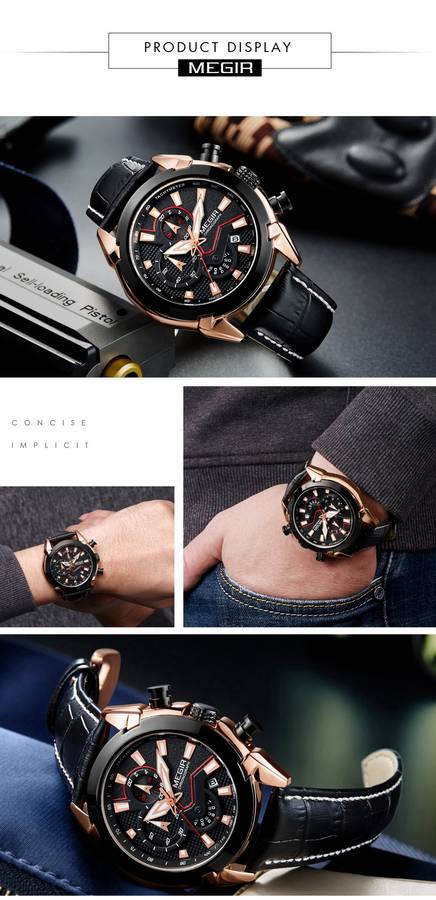 MEGIR 2065 Sport Watches Creative Chronograph Quartz Leather Strap Men Watch