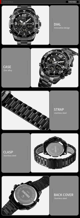 SKMEI 1649 Men Business Style Sport Full Metal Luminous Dual Display Digital Watch