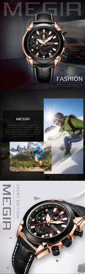 MEGIR 2065 Sport Watches Creative Chronograph Quartz Leather Strap Men Watch