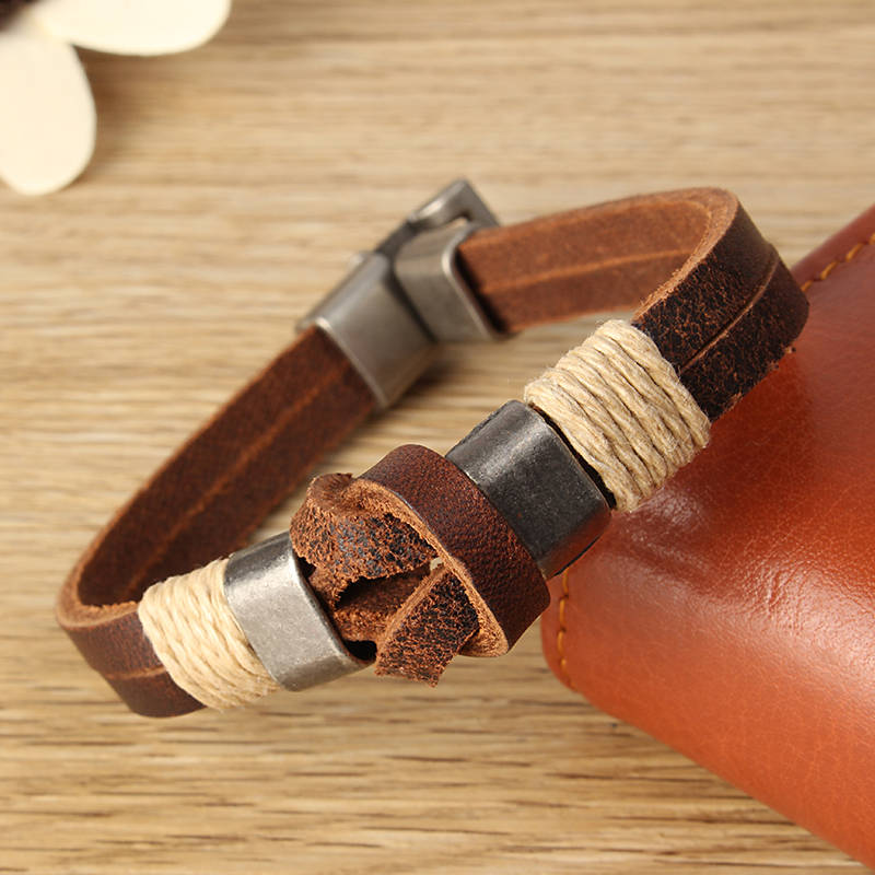 European Style Retro Vintage Leather Men Bracelet Buckle Double layers Chain (Color Brown)