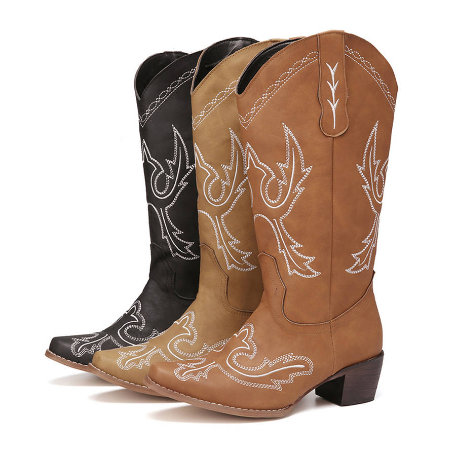 Plus Size Women Retro Embroidered Chunky Heel Mid Calf Cowboy Boots