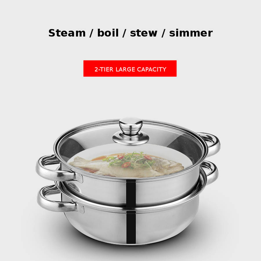 CHUZHIZUN Ztg--z101 Food Steamer Pot Pan Vegetable Cooker Glass 1/2 Tier 26.5CM Stainless Steel Lid