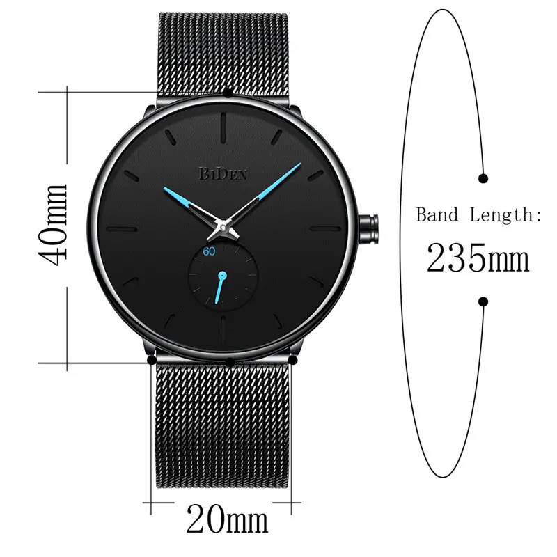 Biden 0124 Ultra Thin Casual Style Men Wrist Watch Mesh Stainless Steel Strap Quartz Watches