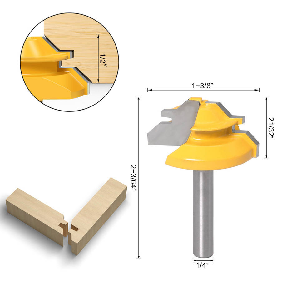 3Pcs 6mm 1/4 Shank Tongue & Grooving Joint Router Bit 45 Degree Lock Miter Router Set Stock Wood Cutting