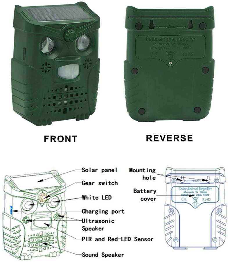 -WH528 Outdoor Solar Ultrasonic Animal Repeller Pest Control Bats Birds Dogs Cats Repeller with Flashing Light