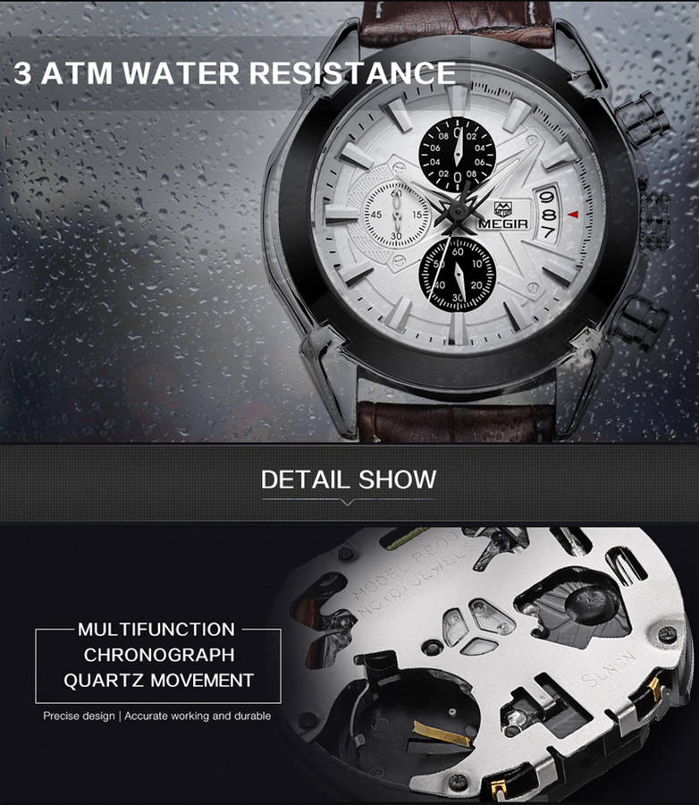 MEGIR M2015 Men Watch Leather Strap Multifunction Chronograph Fashion Casual Quartz Wrist Watch