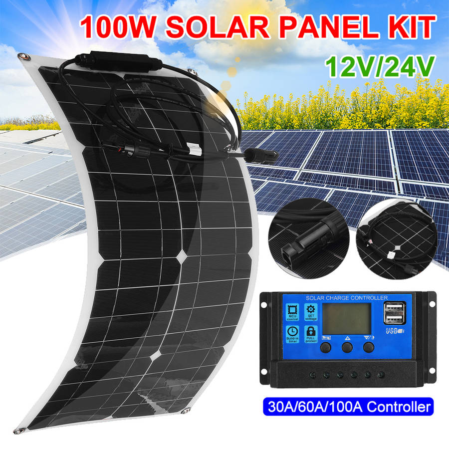 100W Flexible Solar Panel Battery Charger Kit Boat Car & 30/60/100A Controller