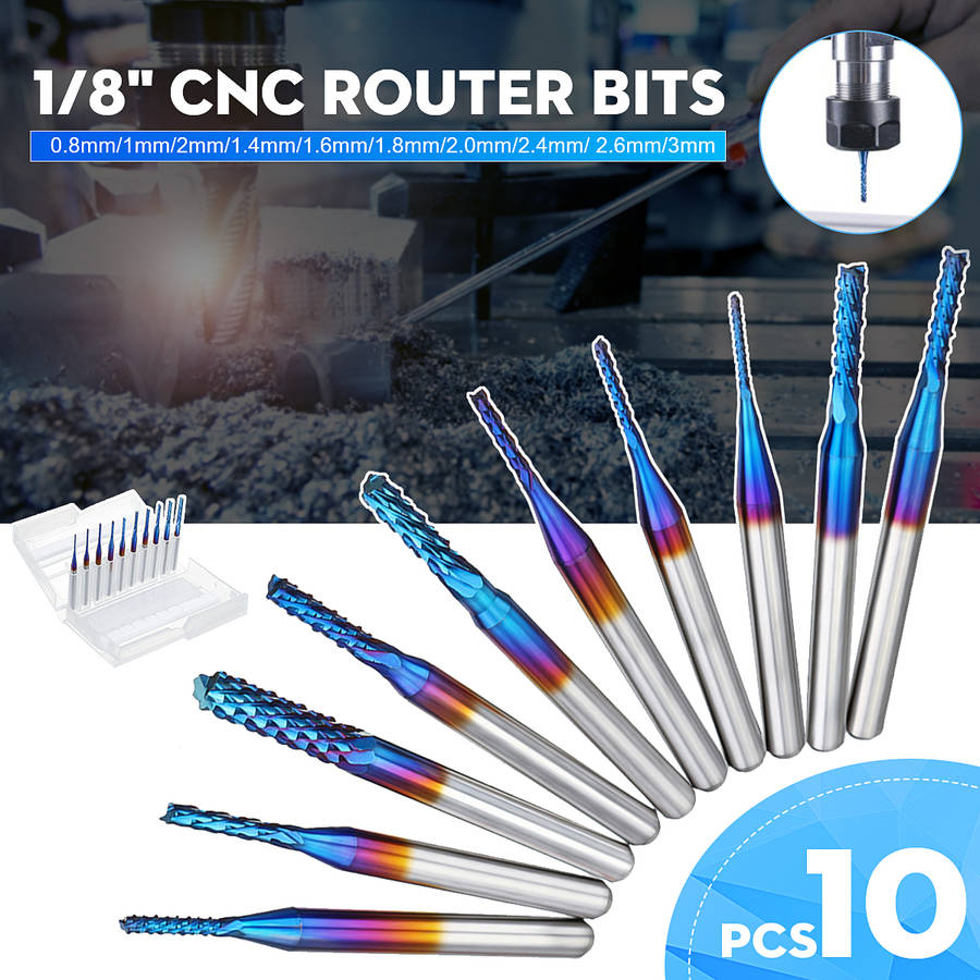 10Pcs 0.8-3mm Blue Nano Coating Engraving Milling Cutter Carbide End Mill CNC Router Bits 1/8 Inch Shank