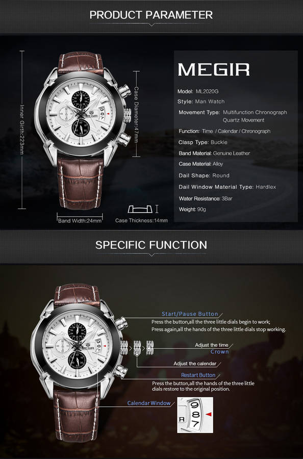 MEGIR M2015 Men Watch Leather Strap Multifunction Chronograph Fashion Casual Quartz Wrist Watch