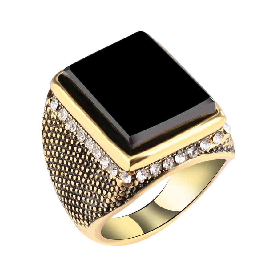 20mm Punk Resin Black Color Geometry Rhinestone Ancient Gold Finger Ring for Me (Size 10 Color Gold)