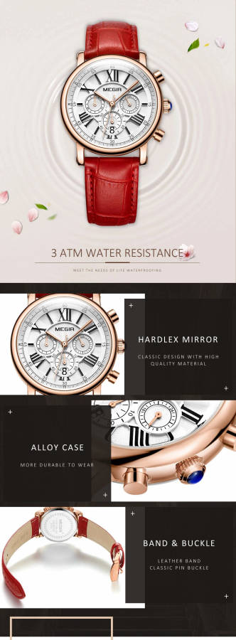 MEGIR 2058 Women Watch Luxury Roman Number Leather Strap Ladies Quartz Watch