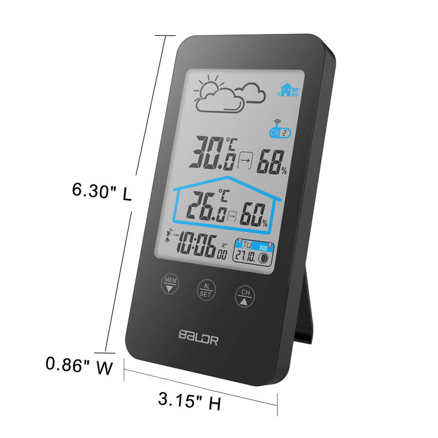 BALDR Touch Screen Wireless Thermometer Hygrometer Indoor Outdoor Weather Station Weather Forecast + Moon Phase and Calendar Function