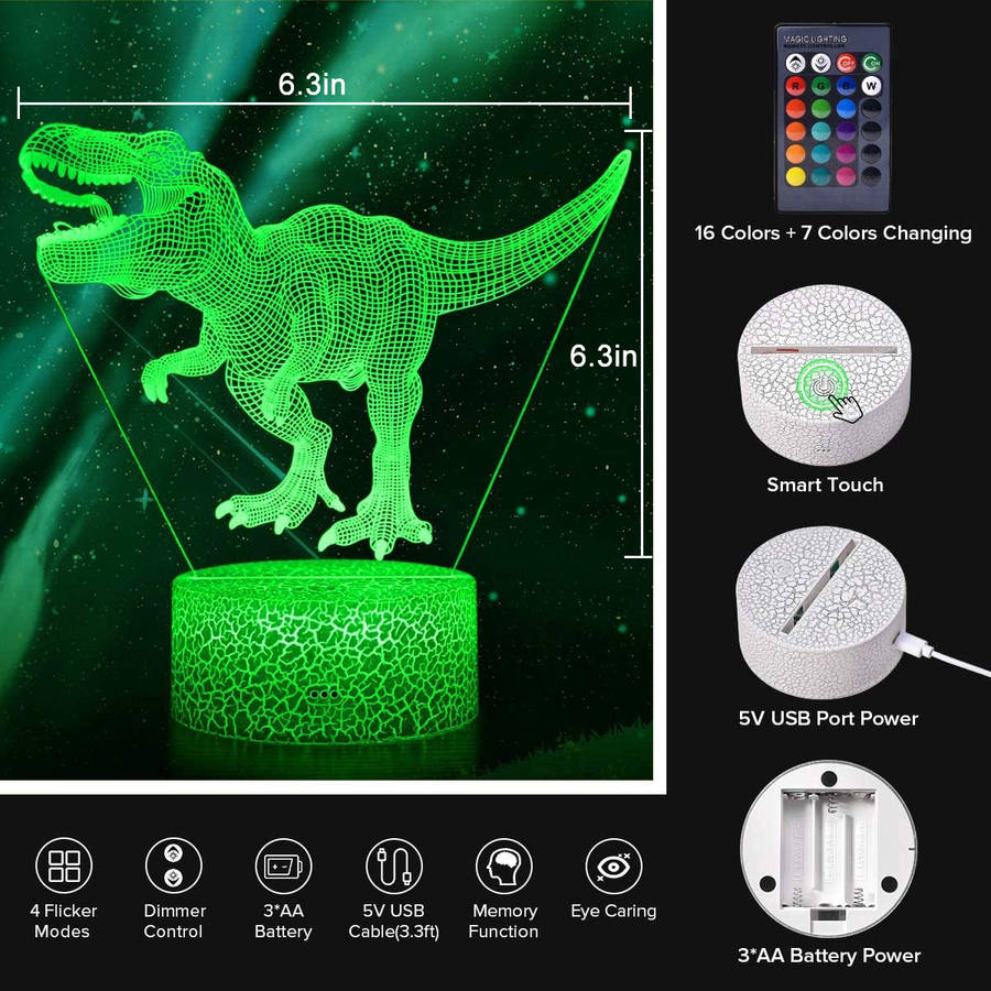 3D Dinosaur Night Light 16 Million Light Colors Toys Remote Control+Smart Touch Dimmable Christmas Toys