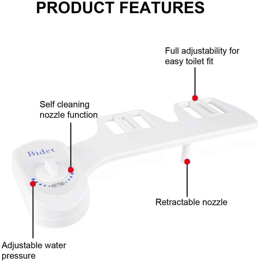 Bathroom Non-Electric Bidet Attachment for Home Mechanical Toilet Seat with Self-Cleaning Retractable Nozzle Water Pressure Adjustment