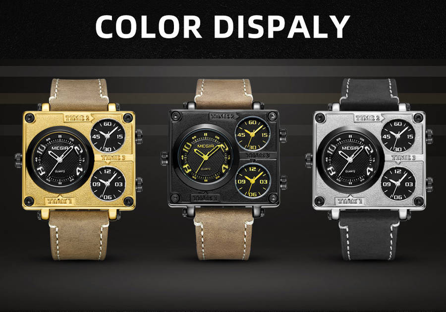 megir 2069 square dial multi time zone men quartz watch