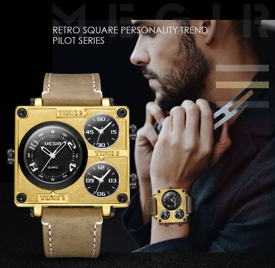 megir 2069 square dial multi time zone men quartz watch