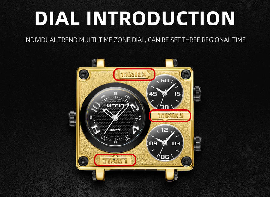 megir 2069 square dial multi time zone men quartz watch