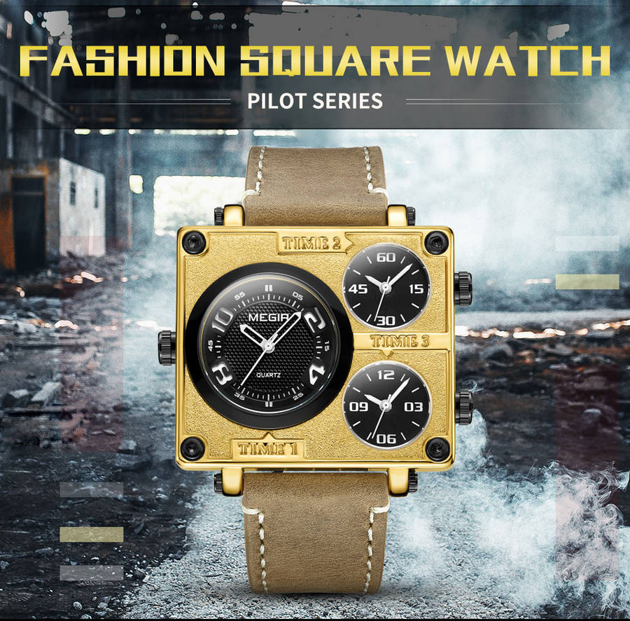 megir 2069 square dial multi time zone men quartz watch