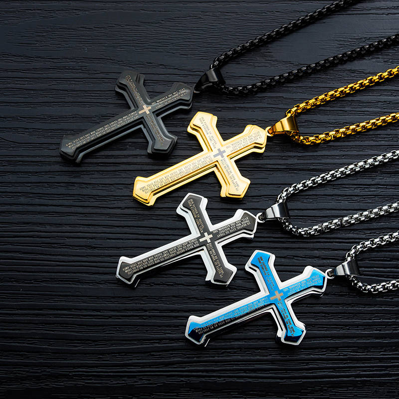 New Three-layered Cross Bible Tide Male Pendant Titanium Steel Men's Necklace