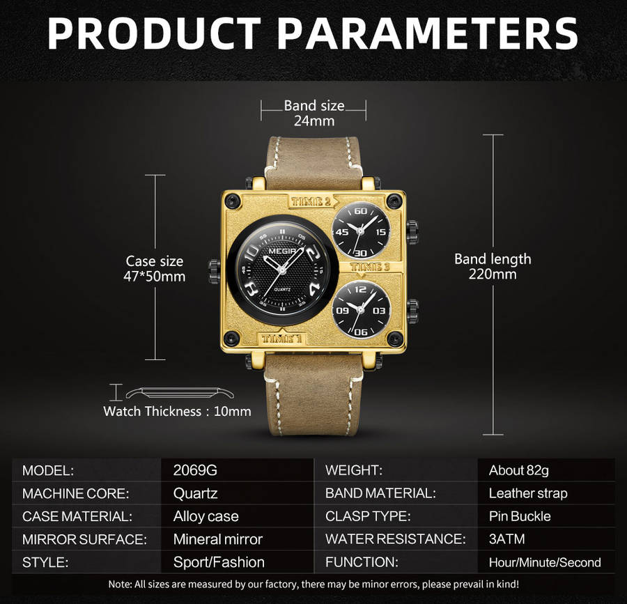 megir 2069 square dial multi time zone men quartz watch