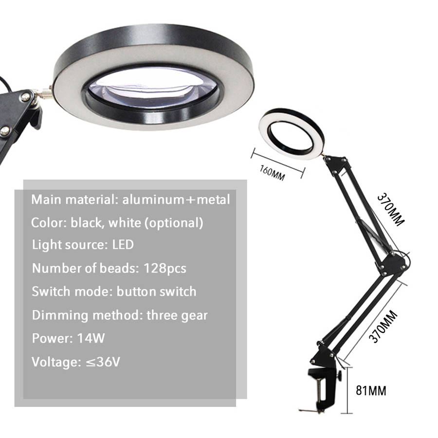 Lighting LED 8X 14W 740mm Magnifying Glass Desk Lamp with Clamp Hands USB-powered LED (Color1 Black)