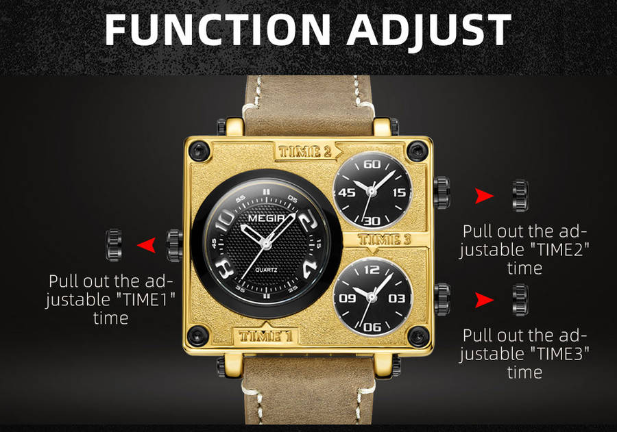 megir 2069 square dial multi time zone men quartz watch