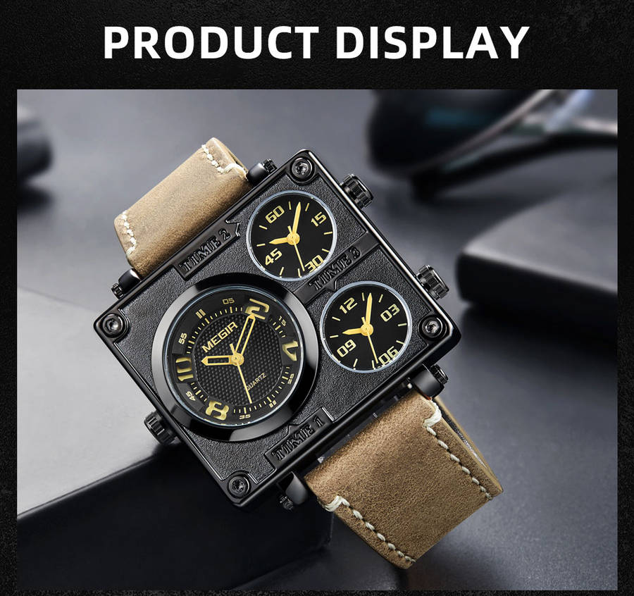 megir 2069 square dial multi time zone men quartz watch