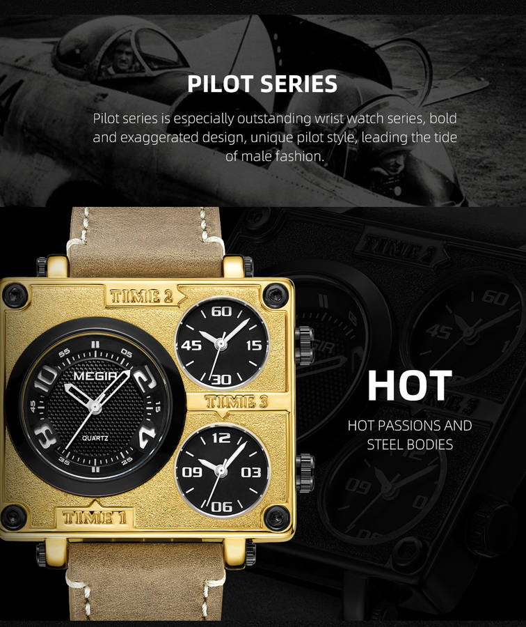 megir 2069 square dial multi time zone men quartz watch