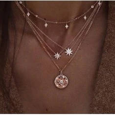 Bohemian Multiplayer Necklaces Round Slice Beads Stars Chain Crescent Pendant Necklace For Women