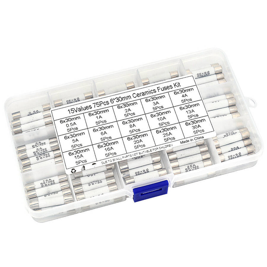 with box - 75PCS Ceramic Fuse Kit 6x30mm 15A Ratings 0.5A to 30A Electrical Replacement Fuses Heat R