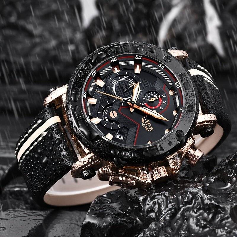 Silver+Black - LIGE Men's Luxurious Fashion Quartz Watch Calendar Multifunction Waterproof Watch Chr