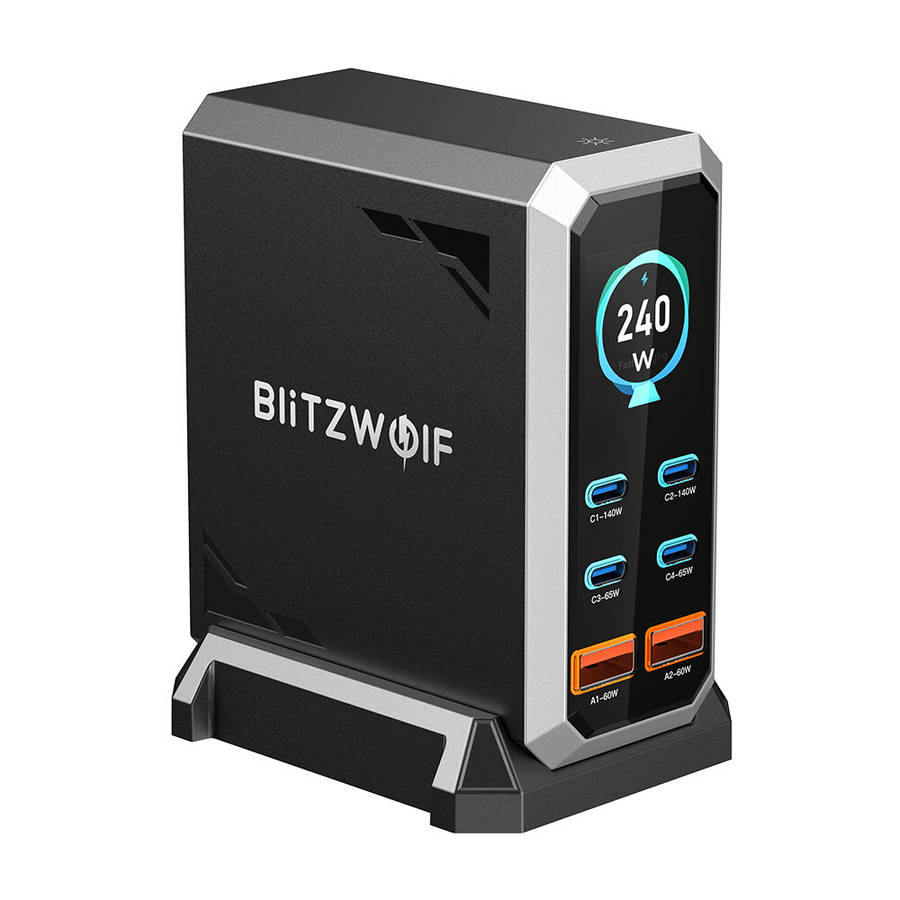 Black - [GaN Tech] Blitzwolf BW-S31 240W 6-Port USB PD Charger 4USB-C+2USB-A QC PD Digital Display F