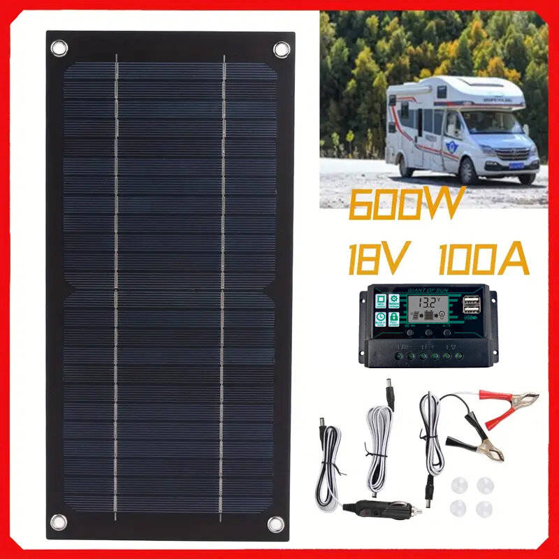 Black - High Efficiency 600W Solar Panel Charger Monocrystalline Silicon Portable Kit 100A Charge Co