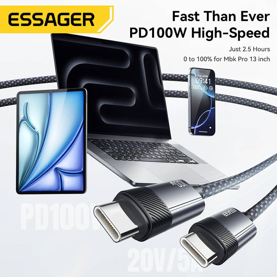 Black - ESSAGER ES-X72 5A 100W Type-C to Type-C Massager Cable PD3.0 QC4.0/3.0 FCP Fast Charging Dat
