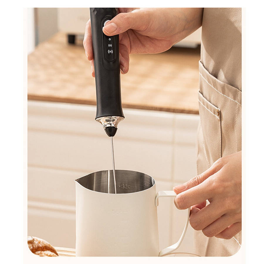 Black - Comfook Rechargeable Handheld Milk Frother with 3 Speed Settings 3 Whisk Heads for Coffee, E