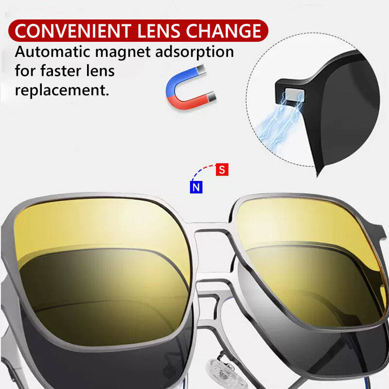 Gun Gray - 3 In 1 Magnetic Anti-blue Light Eyeglass with HD Polarized | Night Vision Lenses UV-resis