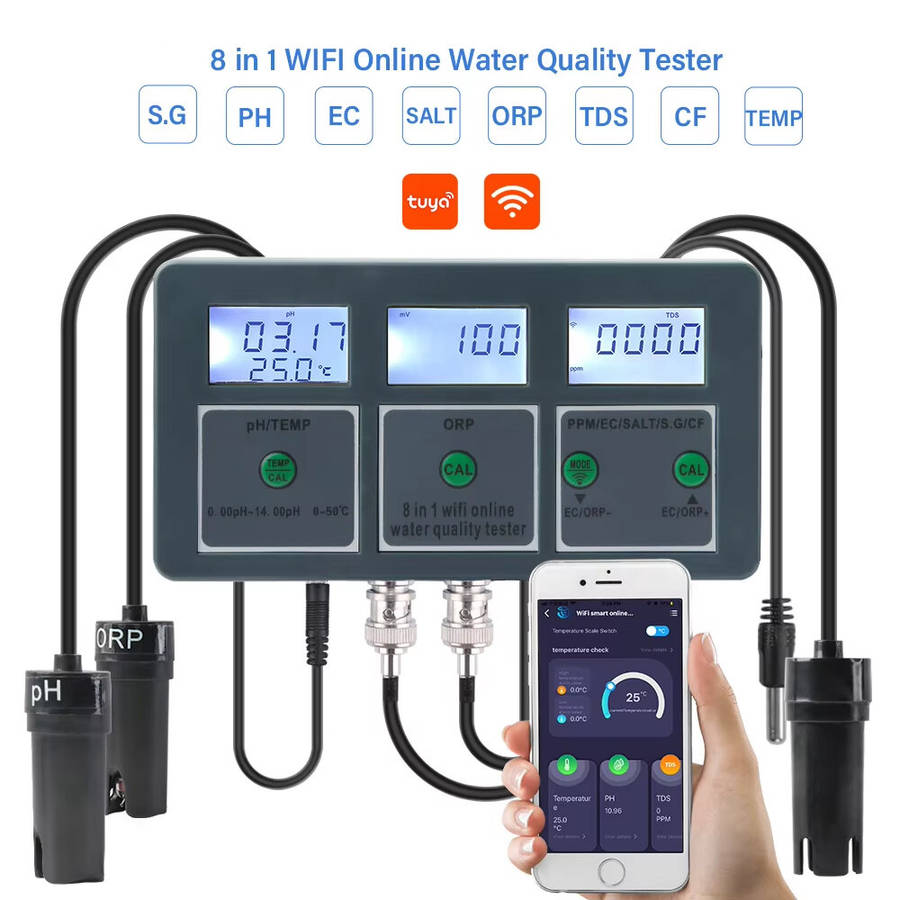 US Plug - WiFi Tuya Smart Water Quality Tester PH ORP TDS EC SALT S.G TEMP CF Monitor Controller Aqu