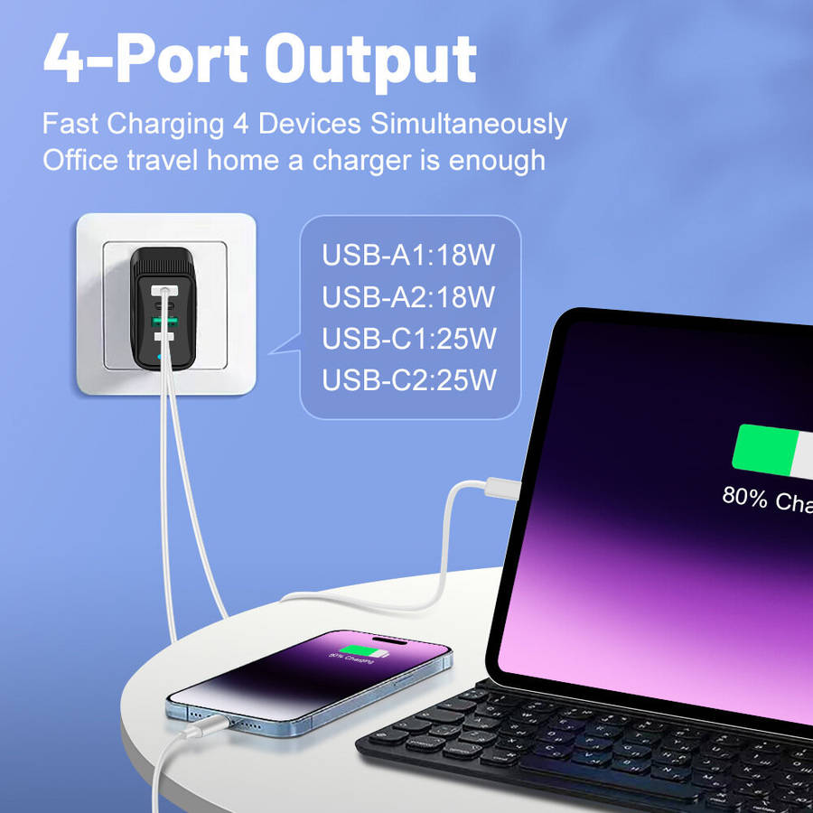 Black & US Plug - BK304-2A2C 100W 4-Port USB PD Charger 2USB-A+2USB-C PD QC3.0 Fast Charging Wall Ch