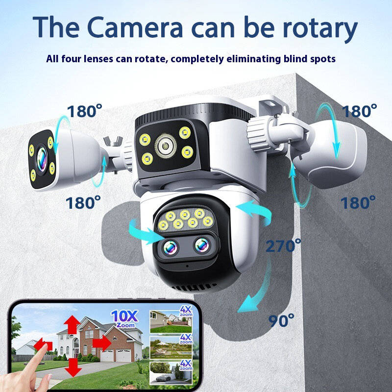 10K UHD WiFi 6 PTZ Camera 20MP Wireless Outdoor 10X Zoom Four Screen Four Lens Automatic Tracking Tw