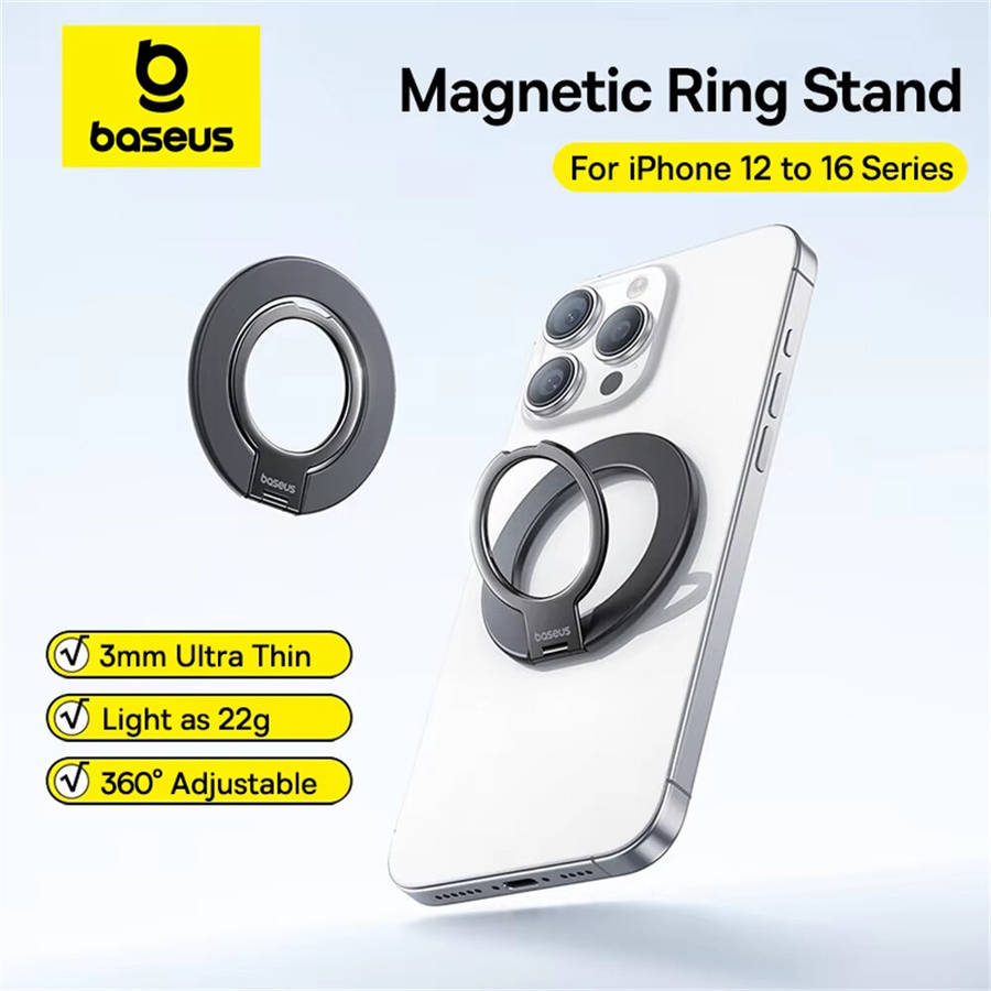 Black - Baseus MagPro 3 Ultra Slim Magnetic Ring Phone Stand Holder for iPhone 16 15 Pro Max 360 Rot
