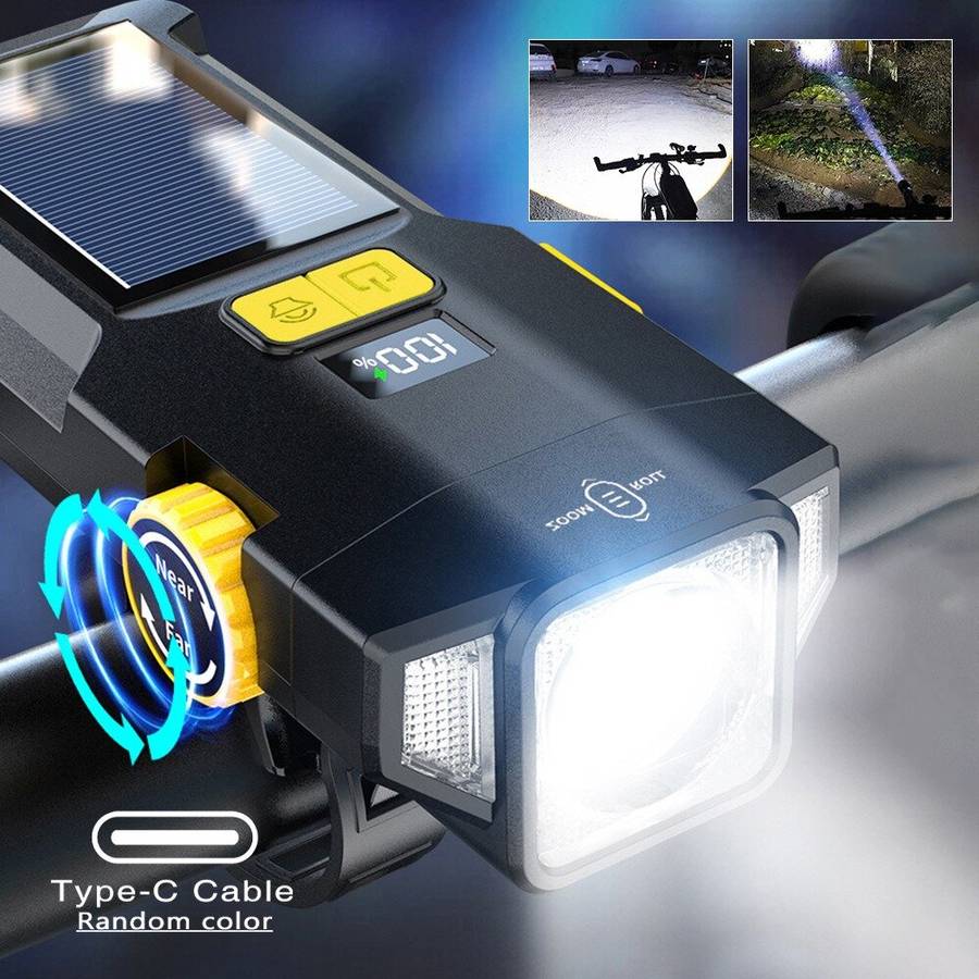 Black - BIKIGHT Solar Rechargeable Zoomable Bicycle Headlight 1600mAH Anti-glare Red Warning Lamp Ty