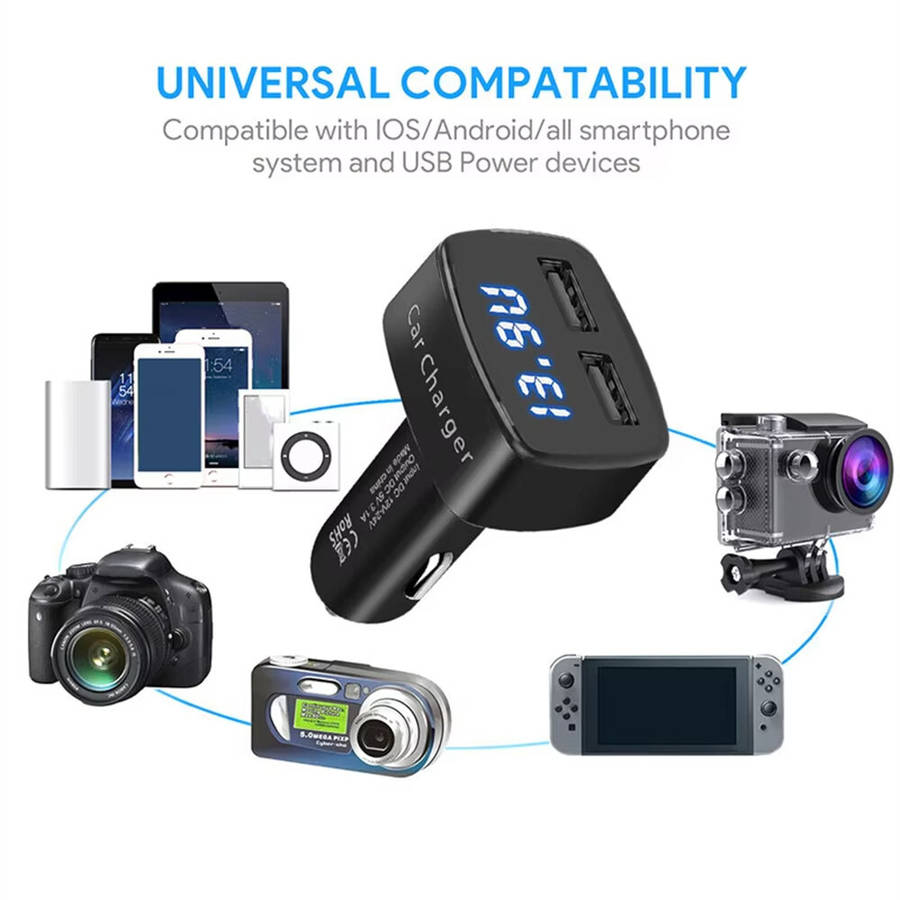 Black - 4 In 1 Car Charger Quick Charge 3.1A Dual Usb LCD Display with Temperature/voltage/current M