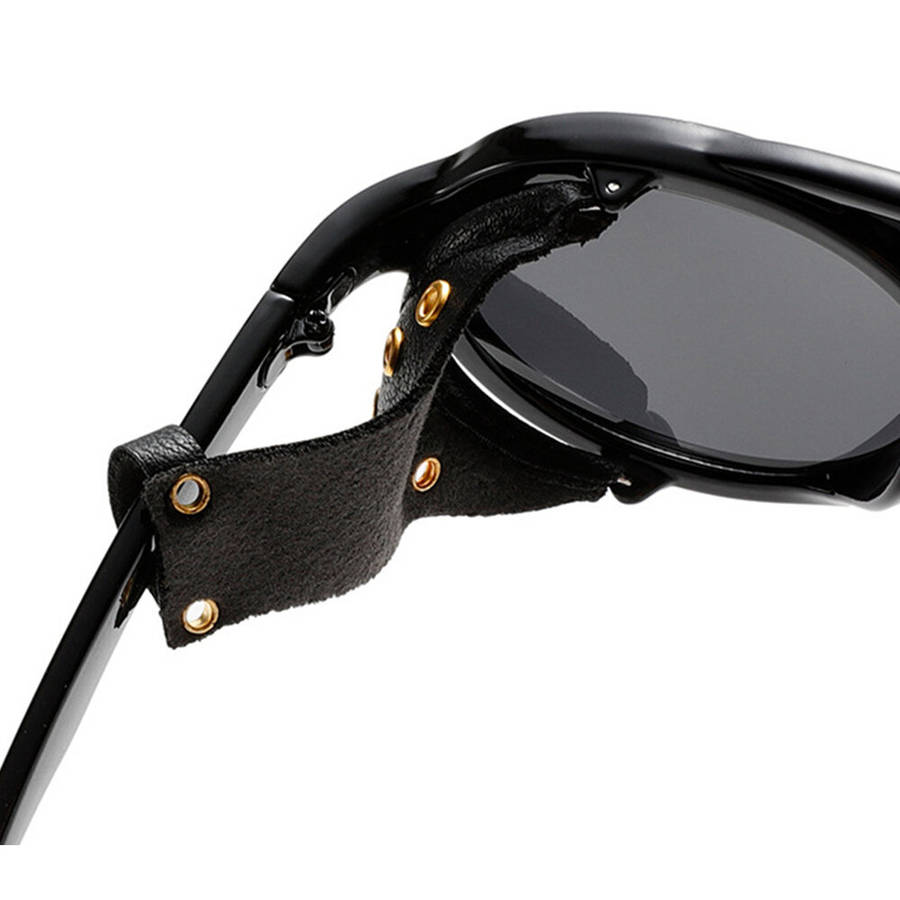 Black - Fashion Punk Retro Polarized Round Sunglasses with Leather Strap Accents UV400 Protection Ey